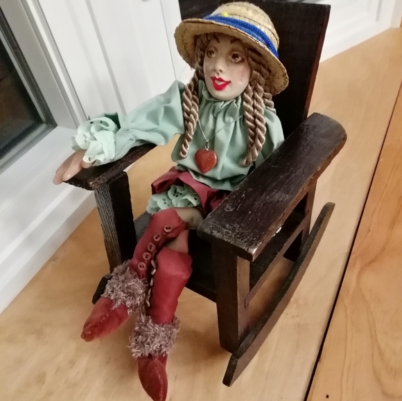 Vintage Craft Doll + Handmade Wooden Rocking Chair